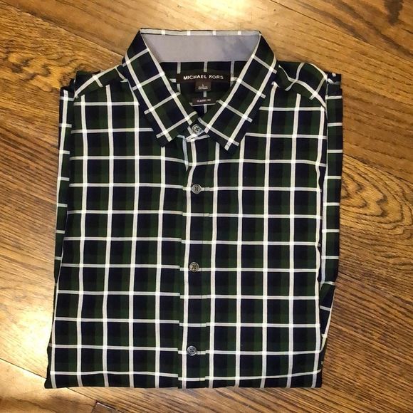 MICHAEL KORS Men’s Blue Green White Plaid Long Sleeve Button Down Shirt Sz LRG - Picture 11 of 11